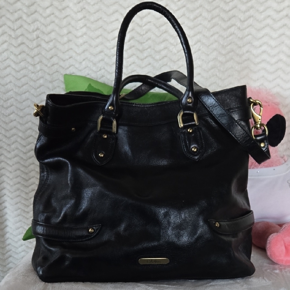 EUC Cole Haan Black Leather Tote Bag 16"W X 12"H X 6 1/2"D.